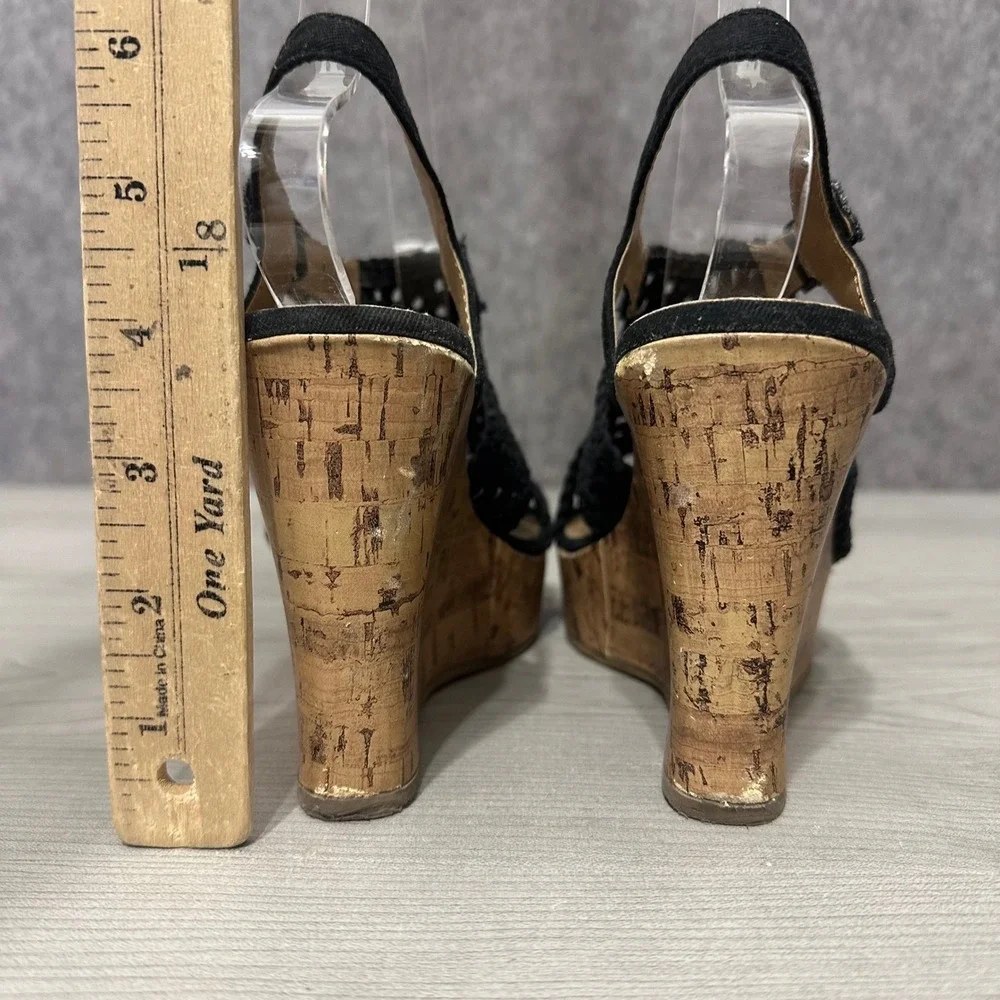 SO Taffy Womens Wedge Sandals Black Woven Upper Cork Platform Heel Size‎ 6.5 M